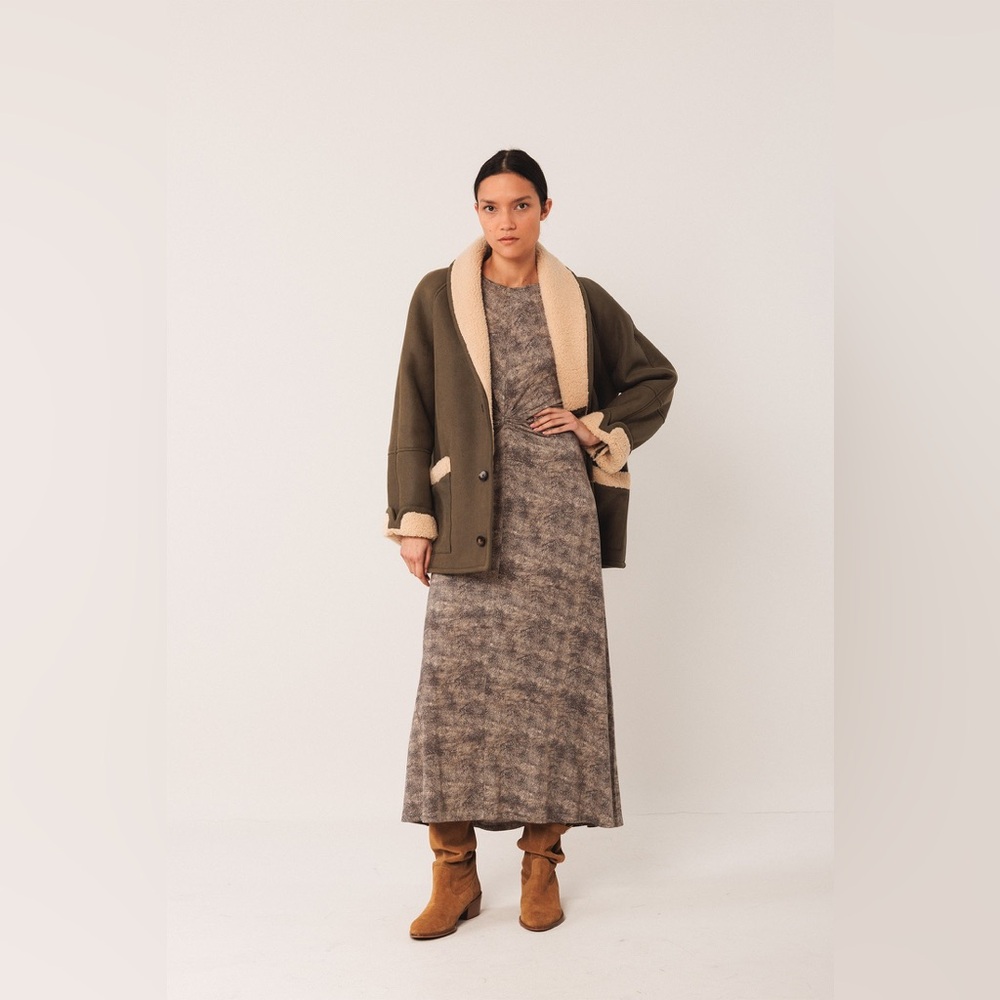 Indi & Cold Short Shearling Coat in Khaki - Picture 2 of 14
